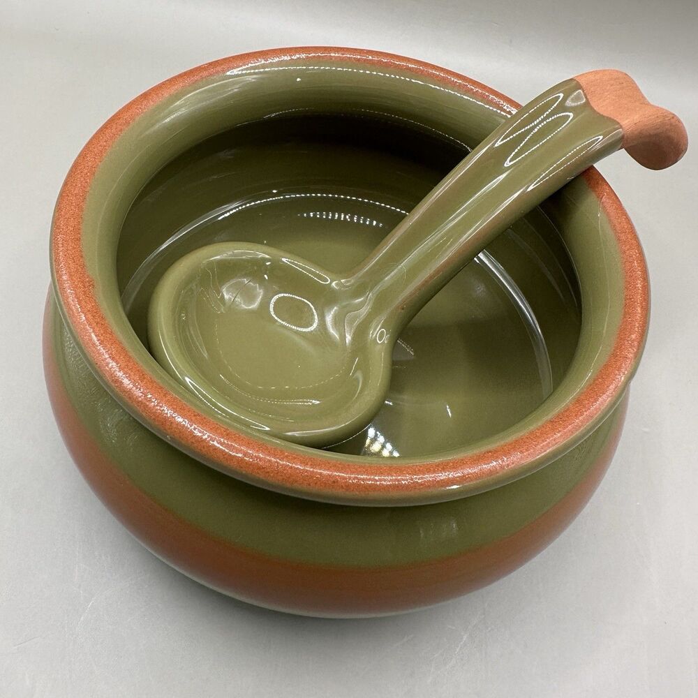 Harry And David Ceramic Soup Salsa Bowl And Matching Spoon Ladle Green Brown